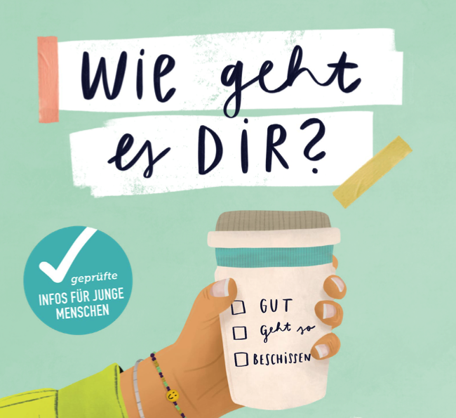 Wie geht es dir? Titelbild Titel Wie geht es dir mit Kaffeebecher+Aufschrift gut-geht so-beschissen