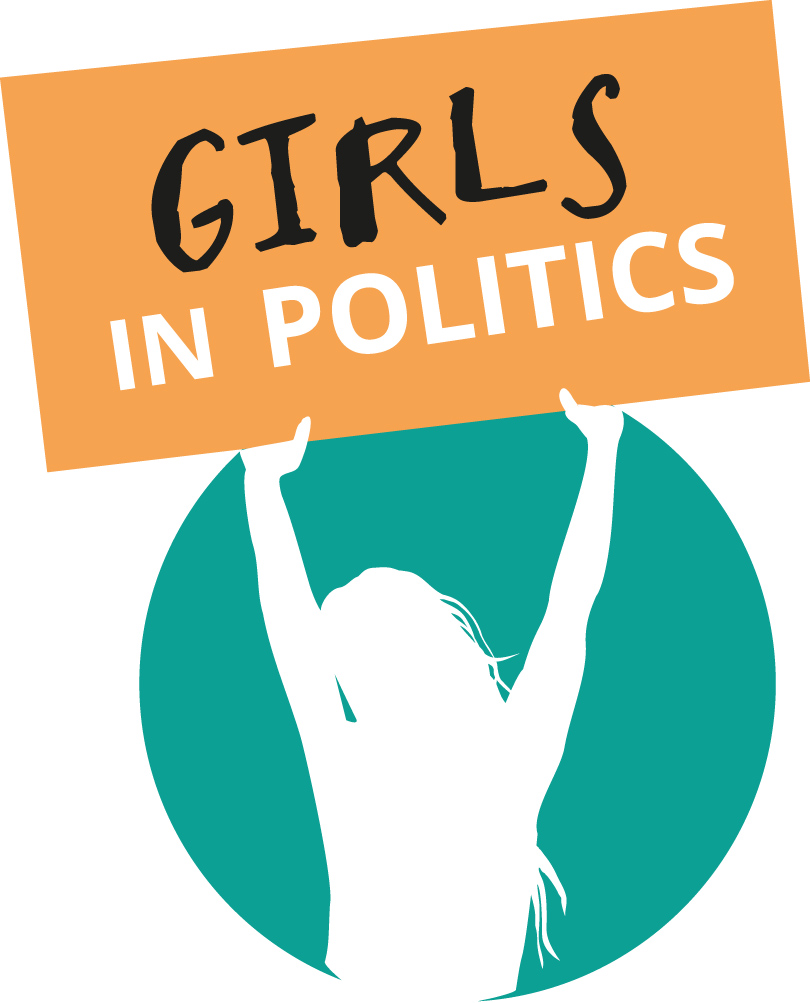 Ein Logo zeigt die Silhouette eines Mädchens, das ein Plakat hält, darauf "Girls in Politics" steht