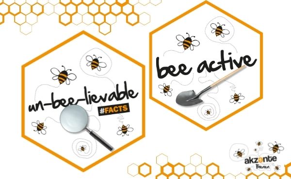 sechseckige Stempel mit Schriftzug "un-bee-lievable #facts" und "bee active" verziert mit Bienen und Waben