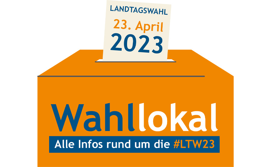 Logo mit Wahlurne und Aufschrift "Wahllokal. Alle Infos rund um die #LTW23 am 23. April 2023"