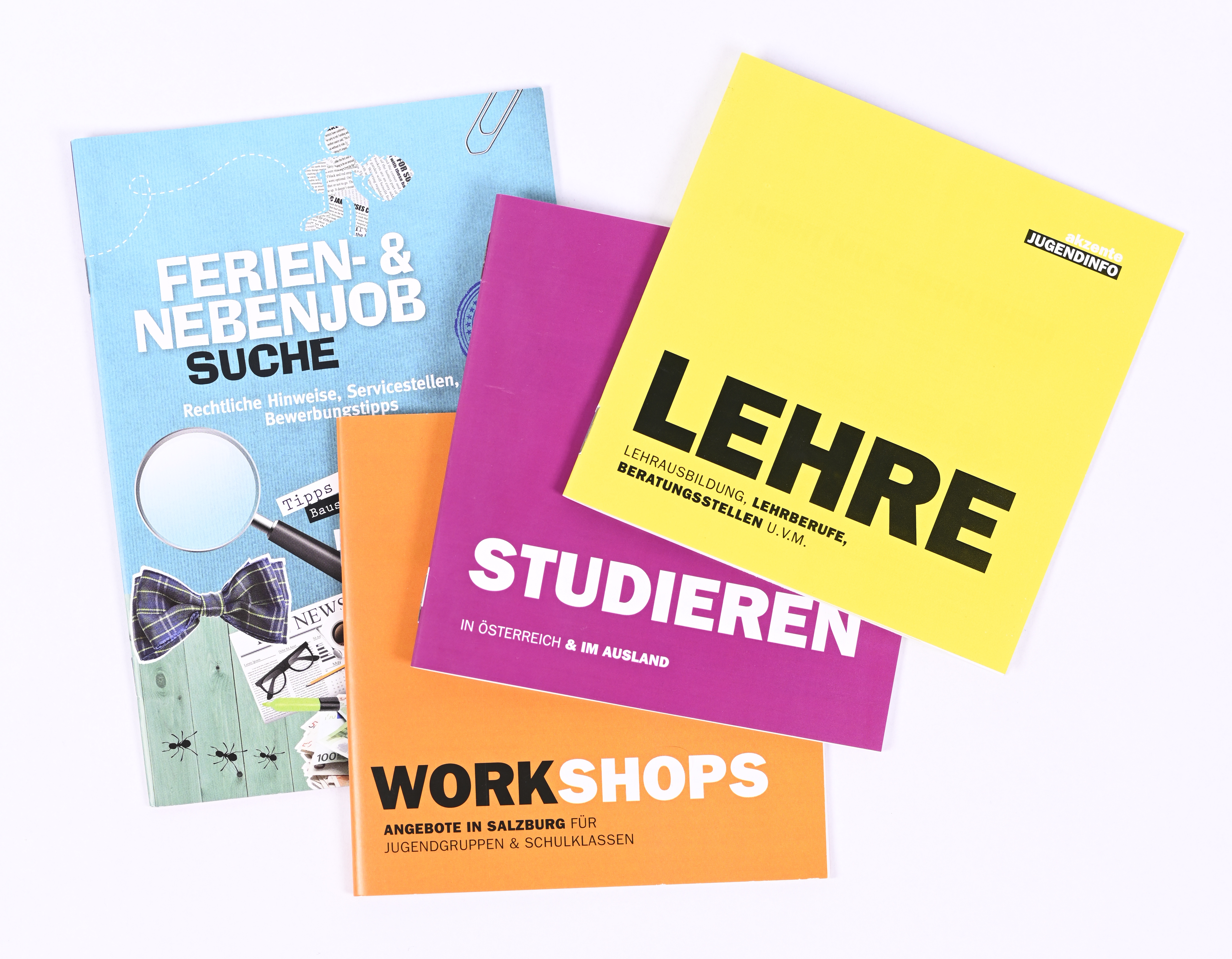 Coverbilder Broschüren Lehre, Studieren, Workshops, Ferien- und Nebejobsuche akzente Jugendinfo