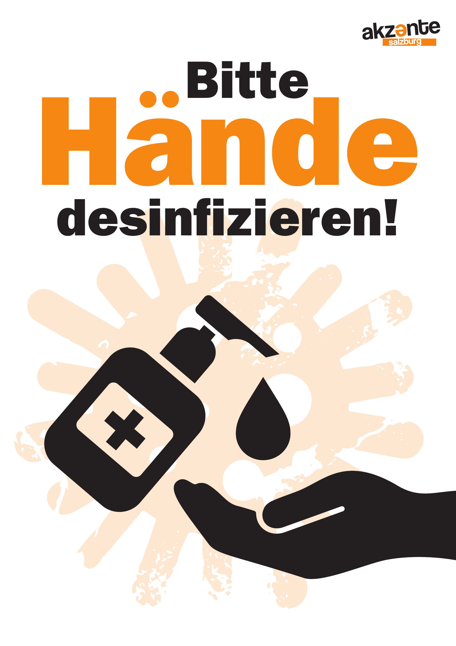 Hände waschen Symbol mit Schrift "Bitte Hände desinfizieren"