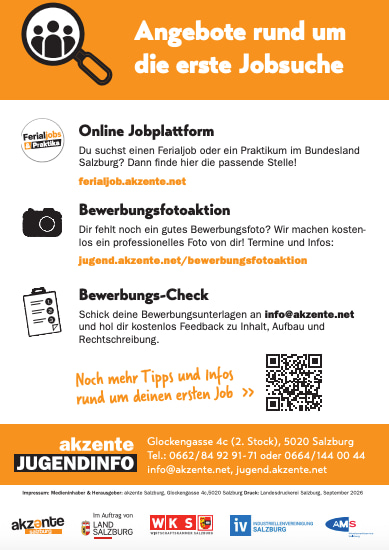 Angebote rund um die (erste) Jobsuche auf orangem und weißen Hintergrund