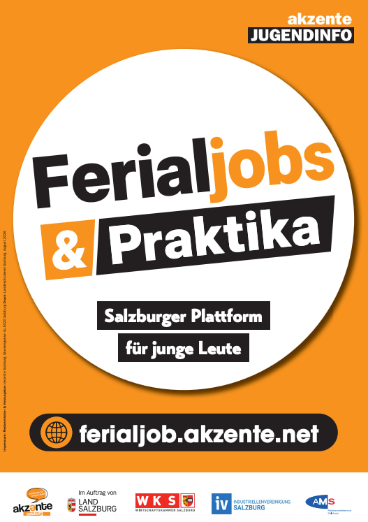 "Ferialjobs & Praktika"-Logo auf orangem Hintergrund mit akzente Jugendinfo Logo und URL ferialjob.akzente.net