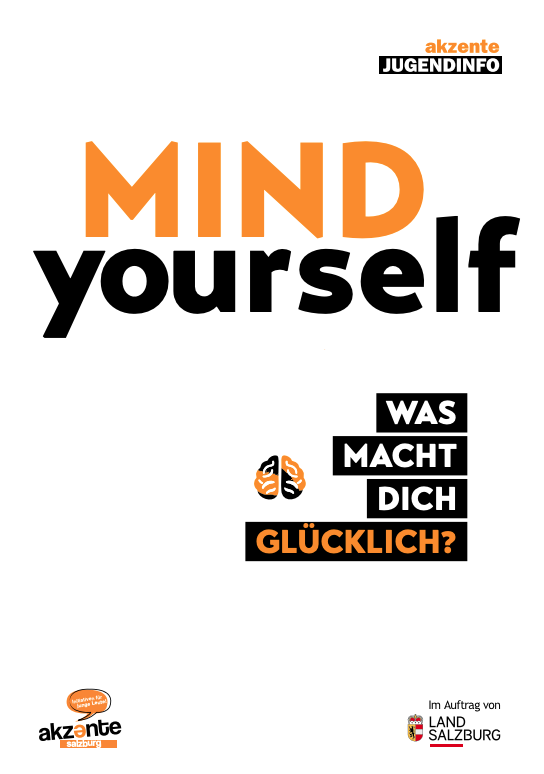 schwarze, weiße und orange Kästchen mit akzente Jugendinfo Logo und Schriftzug "Mind yourself"