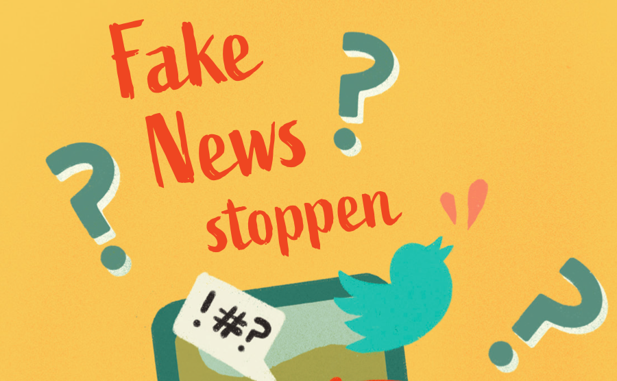 Handyscreen, Twittersymbol, Fragezeichen und Text "Fake News stoppen"