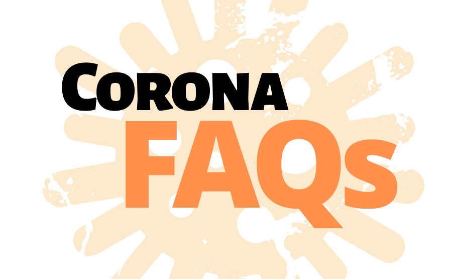 Virussymbol im Hintergrund mit Text Corona FAQs davor